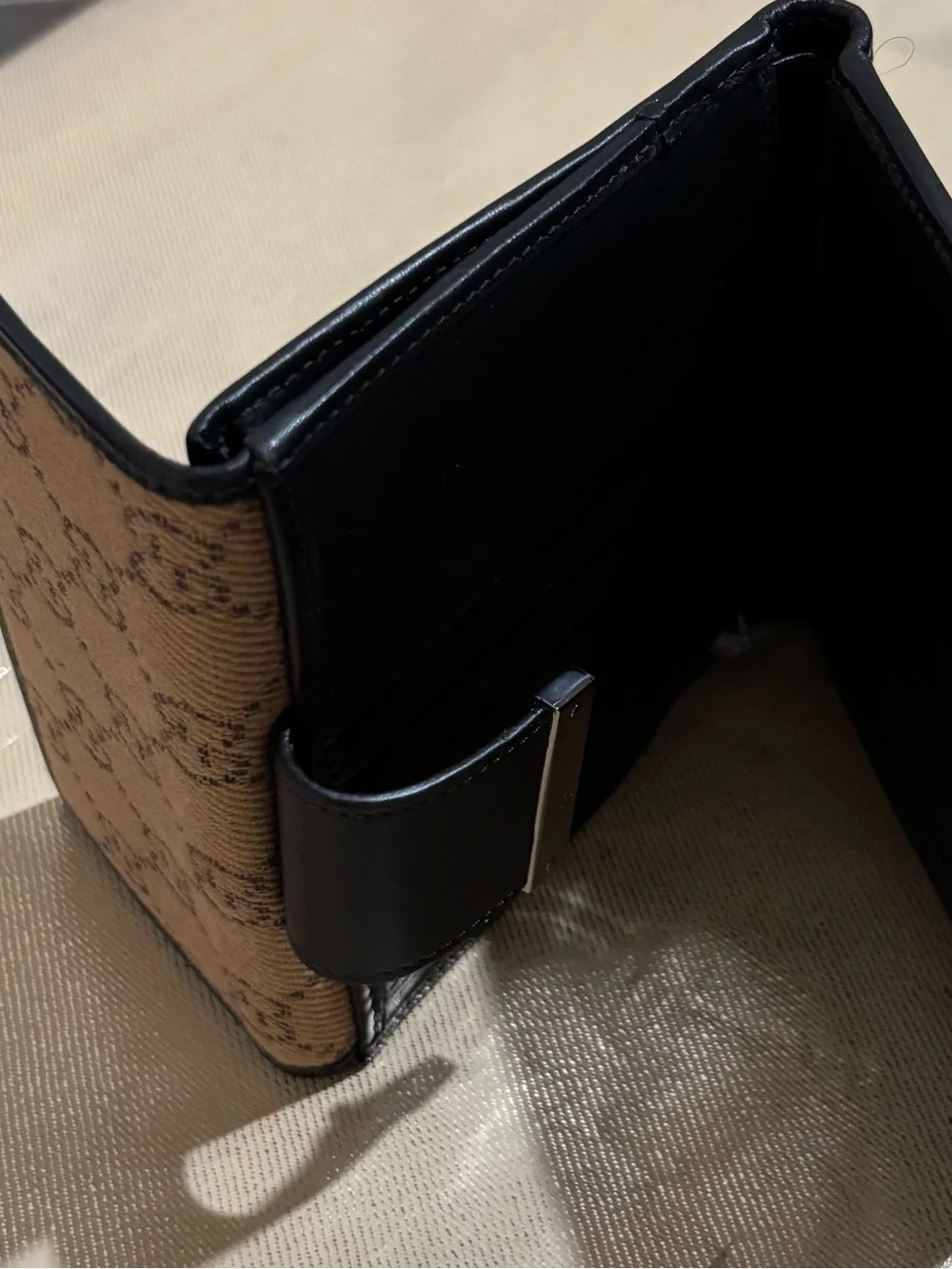 Gucci Beige Brown Monogram Wallet with Black Leather Snap